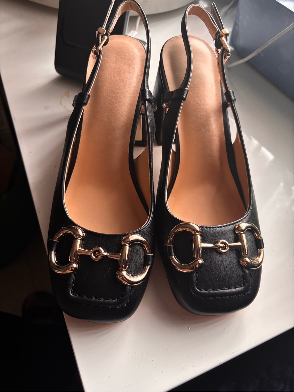 Black Slingback Heels with Gold Horsebit Accent
